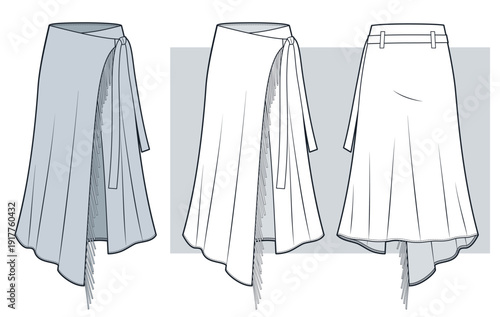 Fringe Trim Midi Skirt technical fashion illustration. Asymmetric Wrap Skirt fashion flat technical drawing template, A line, front and back view, white, grey, women CAD mockup set.