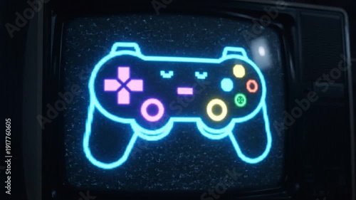 Vibrant neon video game controller on retro TV screen