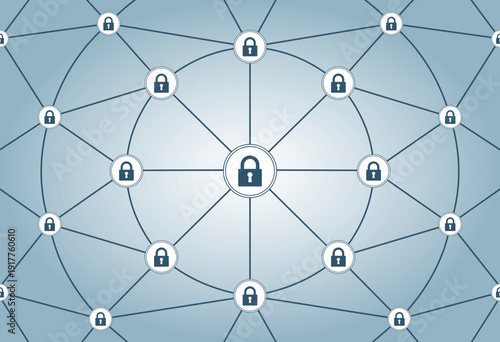 Secure Digital Network with Lock Icons – Cybersecurity, Data Protection, Blockchain Security, Encryption and Privacy Vector Illustration