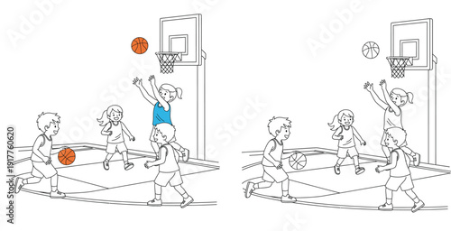 Vector illustration of happy children playing basketball on court featuring coloring page outline and color version. Kids team sport activity and physical education concept.