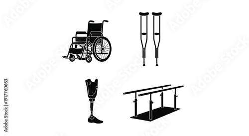 Silhouettes of medical mobility aids are displayed, including a wheelchair, a pair of crutches