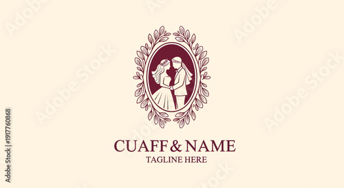 Elegant Wedding Couple Logo with Floral Frame and Custom Text.