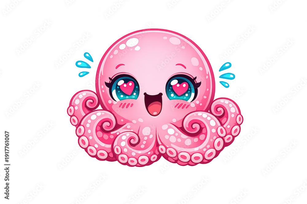 Obraz premium Pink kawaii octopus character with heart eyes expressing love and happiness, cute marine animal illustration on transparent background