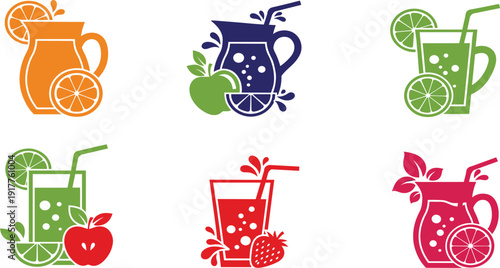 Fresh fruit juice pitchers and glass icons set, colorful vector illustrations with orange, apple, lime and strawberry beverages isolated on white background.