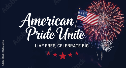American pride themed graphic with fireworks and flag, patriotic celebration design element