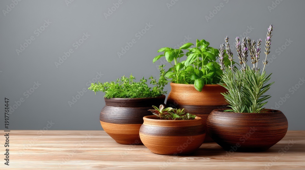 Fototapeta premium Fresh herbs and plants in elegant wooden pots set against a neutral gray background, perfect for home decor and nature-inspired settings.