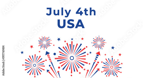 Patriotic July 4th USA icon collection. Includes fireworks, stars, and explosive symbols. Created in colorful style with red, white, and blue palette.