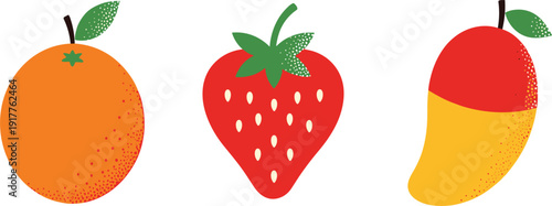 Fresh tropical fruit set, colorful vector icons with whole orange, red strawberry and ripe mango with green leaves isolated on white background.