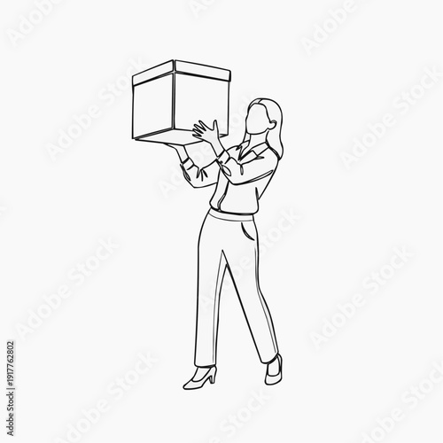Person carrying a large box on their shoulder while using a mobile device isolated on white background, Vector