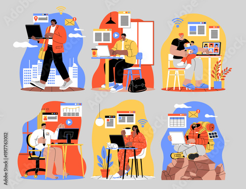 Remote Work Character Set Flat Illustration