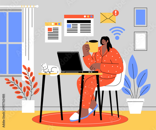 Remote Work Indoor Desk Flat Illustration