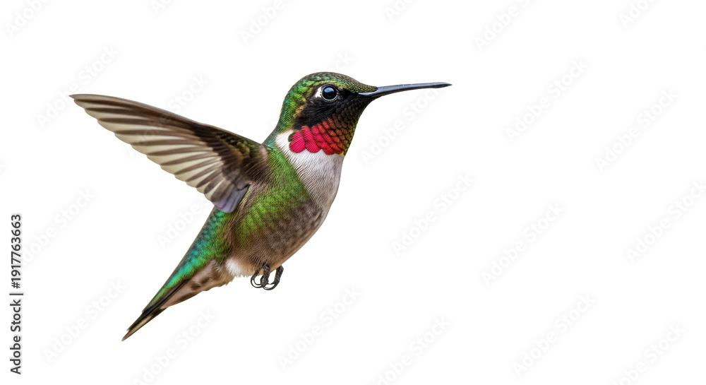 Fototapeta premium Isolated Rufous hummingbird in flight, with vibrant red throat, ready to drink nectar, wildlife