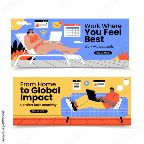 Remote Work Lounge Scene Flat Illustration