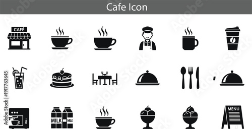 Cafe and Restaurant Icon Set with Coffee Cup, Cake, Menu Board, Waiter, Milk Carton and Beverage Elements for Food Service Design