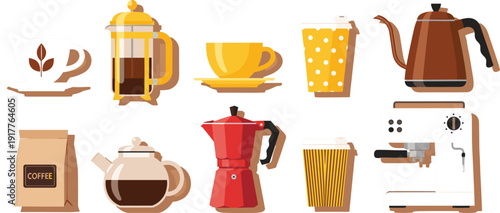 Coffee Brewing Equipment Flat Icon Set with French Press, Espresso Machine, Kettle, Moka Pot and Cup for Cafe Beverage Design