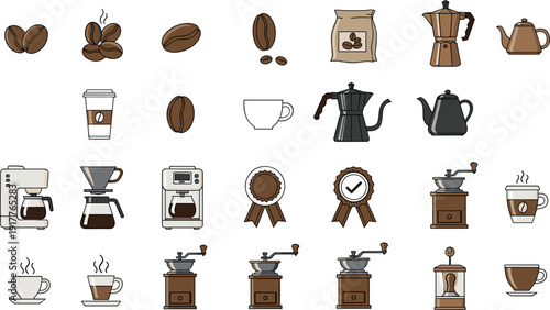 Coffee Making Process Icon Set with Beans, Grinder, Brewer, Kettle, Cup and Espresso Machine Flat Illustration for Cafe Preparation Design