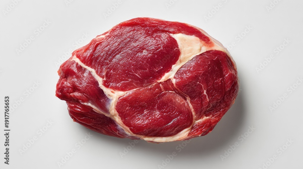 Fototapeta premium Fresh Cut Beef Ribeye Steak with Rich Red Color and Marble Fat on White Surface for High-Quality Culinary Presentation or Cooking Inspiration