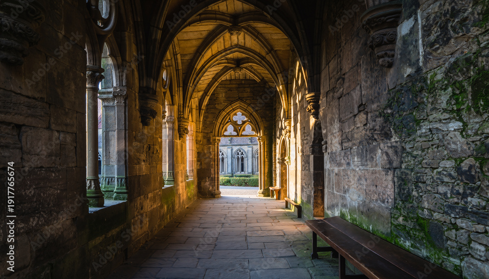 Fototapeta premium Ancient stone corridor with arches and sunlight streaming through.