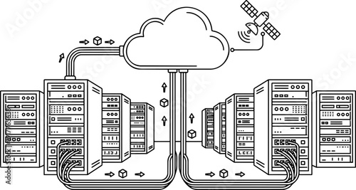 Black and white vector line art illustration of cloud computing infrastructure featuring data center server racks, satellite connectivity, and high-speed data transfer flow