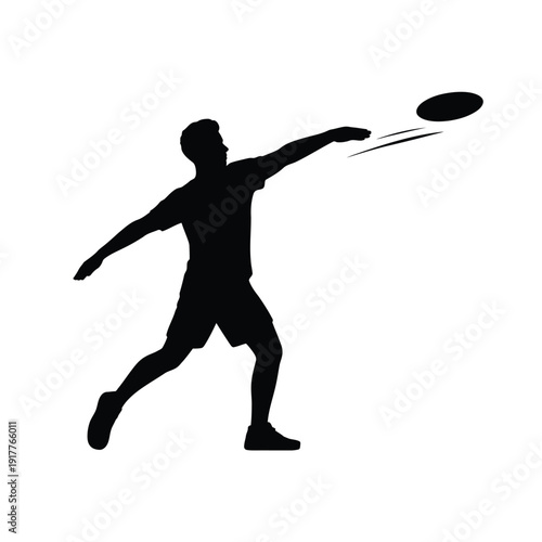 A silhouette of a man throwing a flying disc with dynamic motion