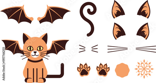 Halloween cat creator kit, vector illustration with cute orange kitten, bat wings, cat ears, paws and whiskers isolated on white background.