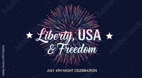 Patriotic July 4th night celebration with fireworks and stars, USA independence day vector graphic.