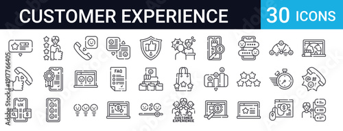 30 thin line customer experience icons. Includes feedback, testimonials, online store, chat, FAQ, ratings, support, and service symbols. Perfect for UX and CRM design.