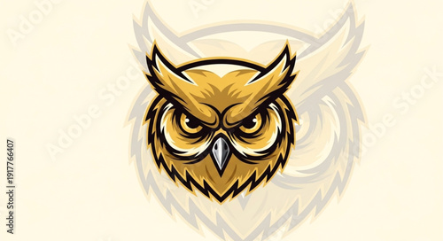 Illustration of a fierce owl head with sharp eyes and detailed feathers.