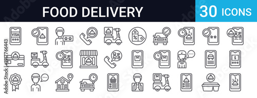 30 thin line icons for food delivery, e-commerce, and logistics apps. Includes order, payment, shipping, courier, restaurant, packaging, and customer service symbols.