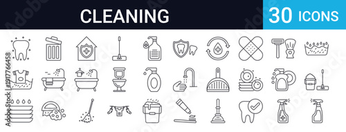 30 thin line cleaning and hygiene icons. Includes mop, window cleaner, laundry, soap, broom, toilet, tooth brush, bucket, and more. Perfect for web and app design.