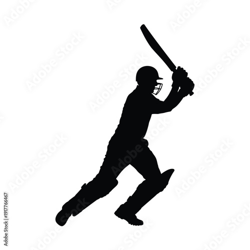 Silhouette of a cricket batsman in mid swing preparing to hit the ball