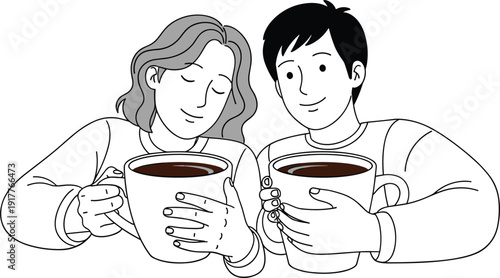 Couple Holding Coffee Cups Line Art Illustration Representing Romantic Moment, Warm Beverage, Cafe Lifestyle and Morning Relaxation Concept