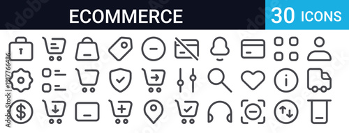 Collection of 30 thin line ecommerce icons. Includes shopping cart, payment, delivery, profile, customer service, and online shopping symbols. Perfect for web and app design.