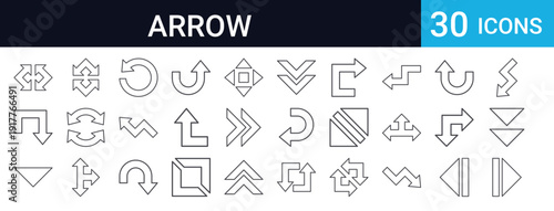 Collection of 30 thin line arrow icons including directional, chevron, turn, and navigation symbols. Perfect for web interfaces, UI design, and wayfinding applications.