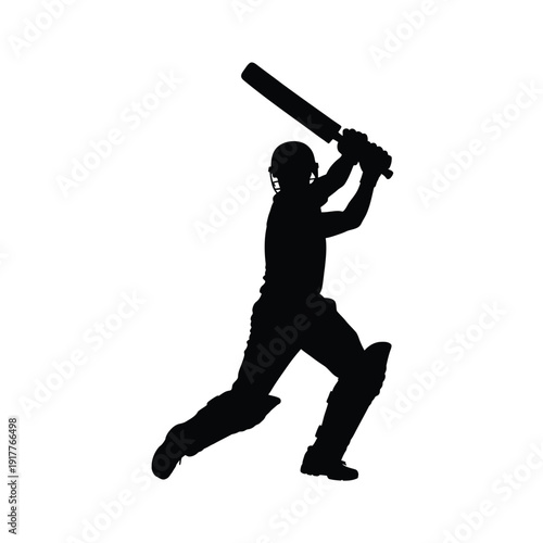 Silhouette of a cricket batsman in mid swing preparing to hit the ball