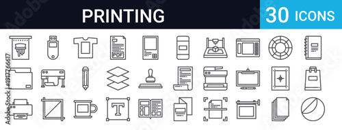 Complete printing and office icon collection featuring printer, scanner, documents, books, paper, stamps, brochures, and publishing tools in clean thin line style.