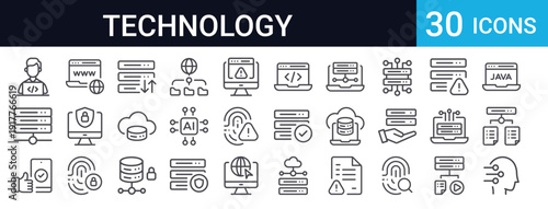 30 thin line technology icons featuring artificial intelligence, cloud computing, server, cyber security, database, and network. Perfect for web and app design projects.
