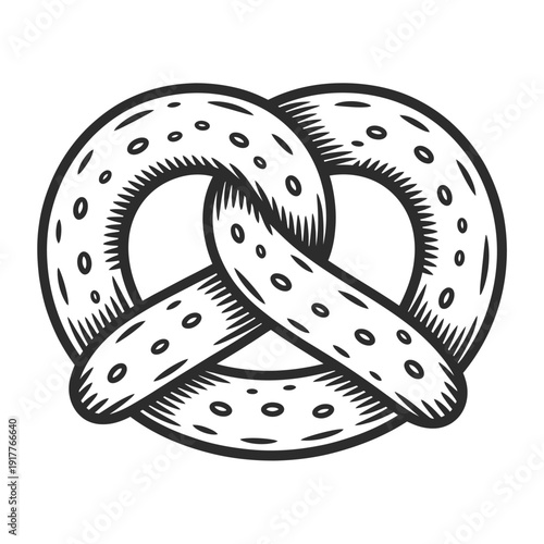 A detailed black and white illustration of a traditional knotted pretzel