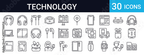 Set of 30 thin line technology gadget icons. Includes smartphone, laptop, smartwatch, headphones, speaker, wireless charger, and more. Perfect for web and app design.