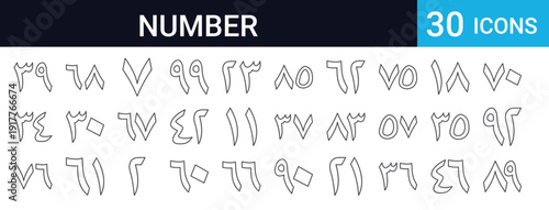 30 thin line number icons. Perfect for educational, business, and web design projects. Includes digits, numeric symbols, and calculation elements in outlined style.