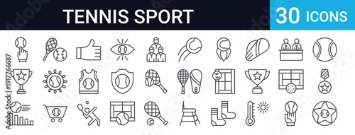 Complete tennis icon collection with 30 thin line vector symbols. Includes racket, ball, court, trophy, player, equipment, and sportswear. Perfect for sports apps and websites.