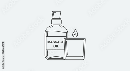 Massage oil bottle and lit candle icon.