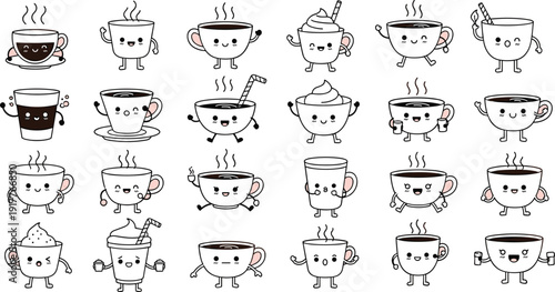 Cute Cartoon Coffee Cup Character Set with Different Expressions Flat Illustration for Cafe Menu, Beverage Branding and Kawaii Drink Design