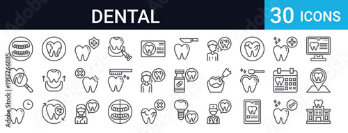 Set of 30 thin line dental clinic icons. Includes teeth, dentist tools, appointments, treatments, oral care symbols. Perfect for medical and healthcare web projects.