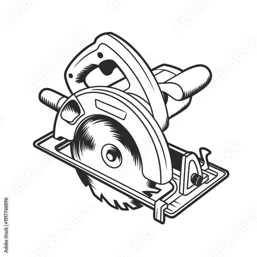 A detailed black and white illustration of a circular power saw tool