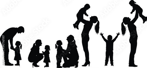 Mother and child silhouettes set with parenting and playful interaction scenes vector illustration isolated on white background