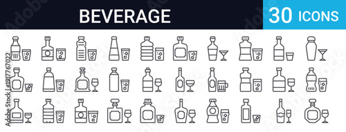 30 thin line beverage icons including soda, water, coffee, wine, beer, whiskey and drink containers. Perfect for restaurant menus, food apps and bar designs.