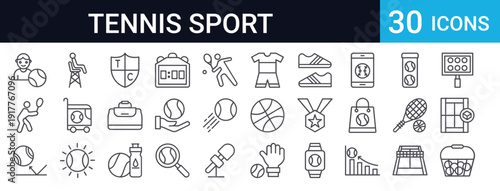 30 thin line tennis and sport icons. Includes tennis court, ball, racket, player, equipment, scoreboard, sneakers, and athletic elements. Perfect for sports apps and web design.