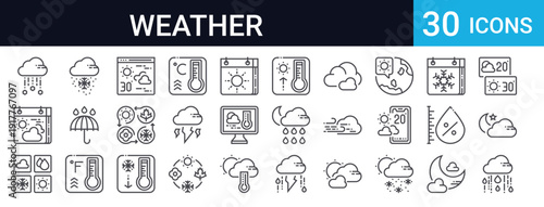 30 thin line weather icons including rain, snow, temperature, wind, clouds, sun, storm, and seasonal elements. Perfect for weather apps, forecasts, and web design.