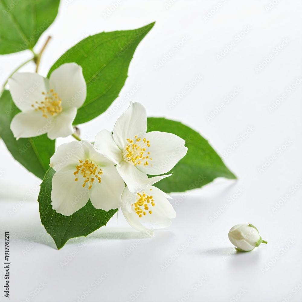 Fototapeta premium White jasmine blossoms with green leaves and single bud isolated on white background for decoration element